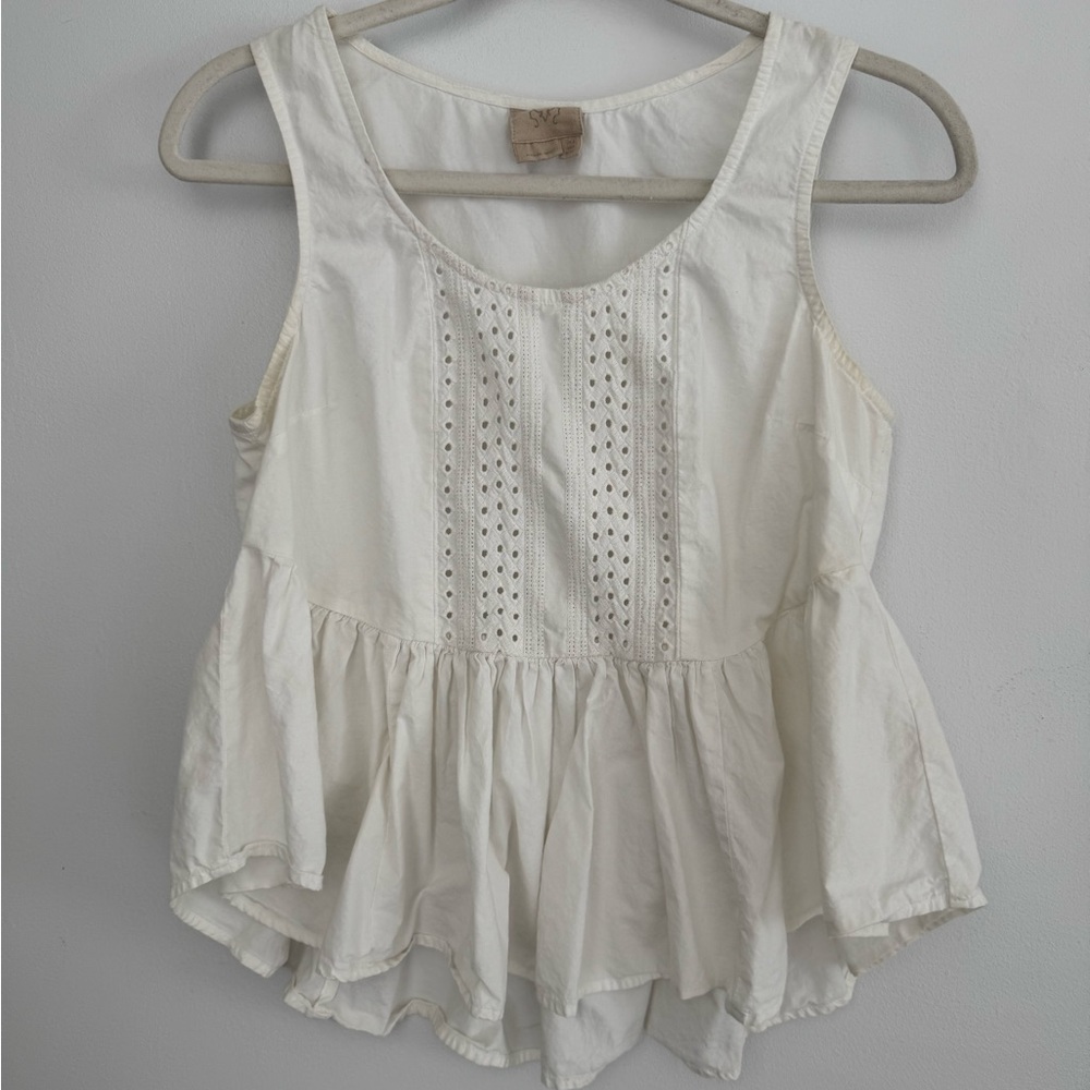 Anthropologie Cream Flutter Sleeve Peplum Tank Top